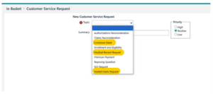 Customer service request dropdown options visible.